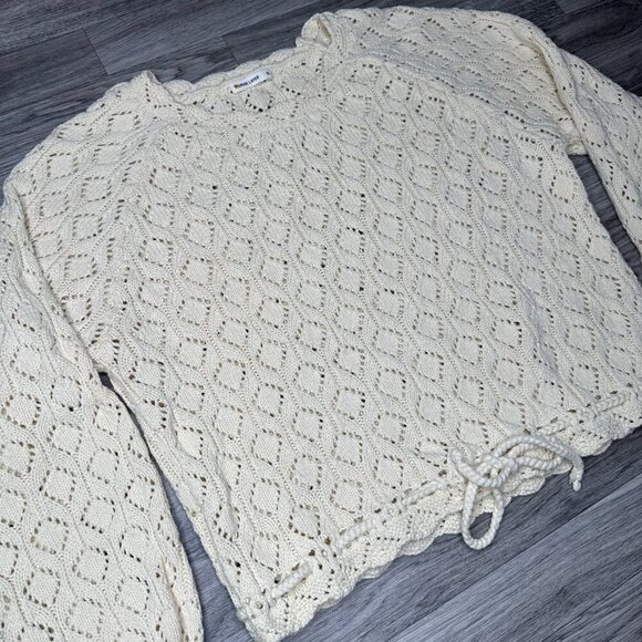 Marine Layer Women's Cream Manzanita Crochet Fringe Sweater Size XL Tie Waist - Picture 3 of 5
